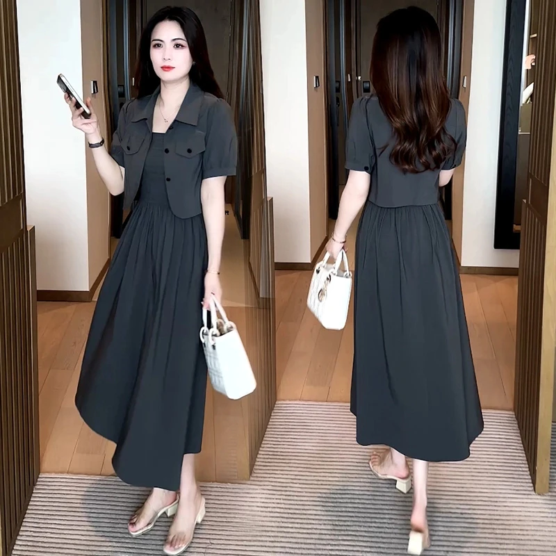 时尚套装裙显瘦短袖裙子甜美气质通勤洋气法式小个子两件套