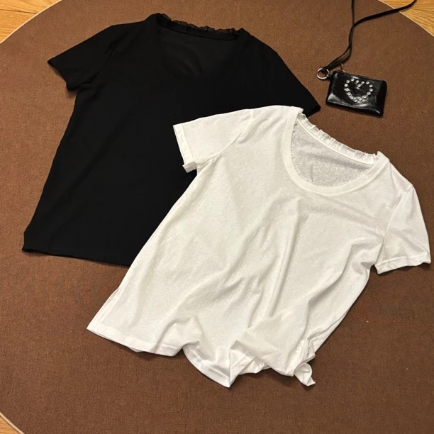 YYSTATIONS 拼边蕾丝木耳边圆领侧开叉宽松短袖T恤-5095