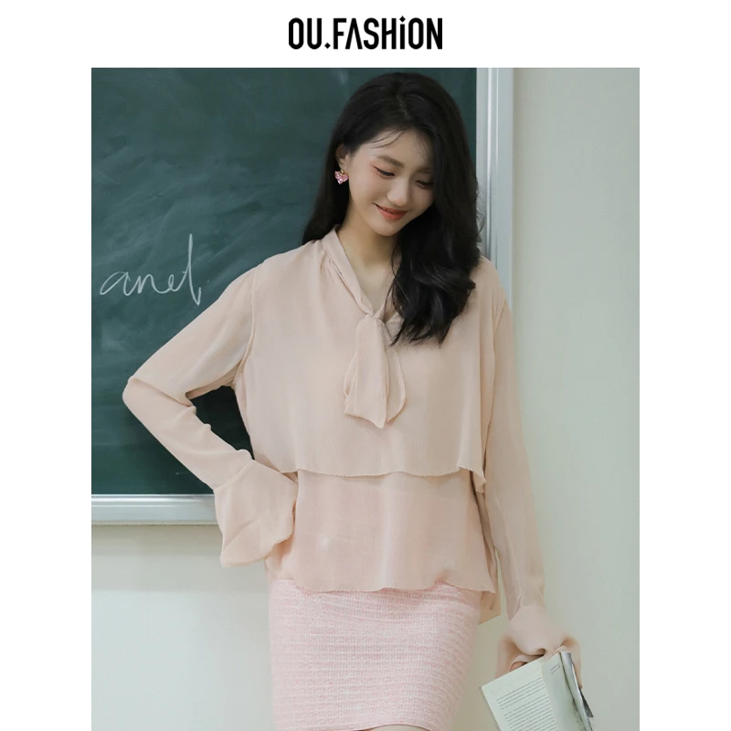 【商场同款】OU.FASHION/欧点长袖桑蚕丝上衣1032430124