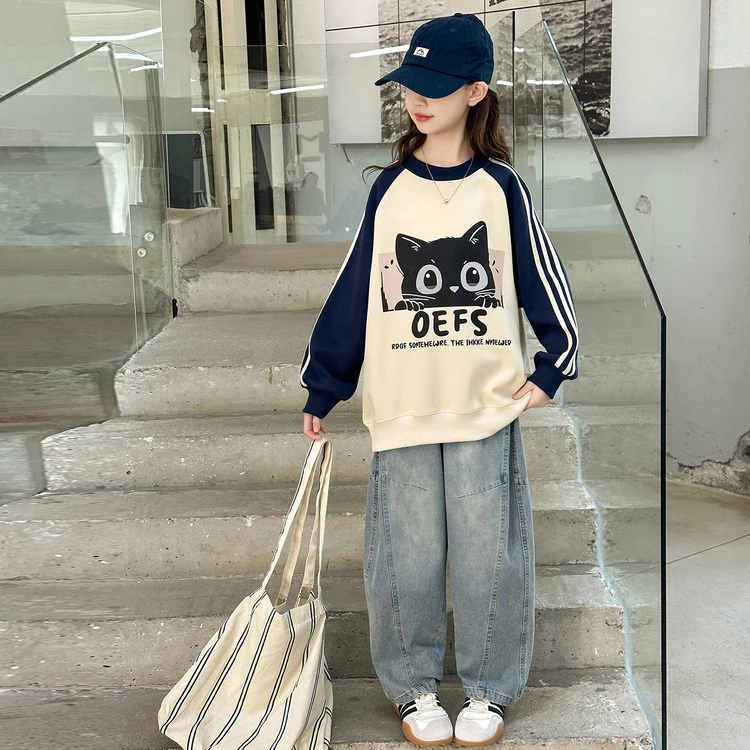 女童春秋新款卫衣套装6-12岁15韩版中大童宽松休闲卫衣弯刀牛仔裤