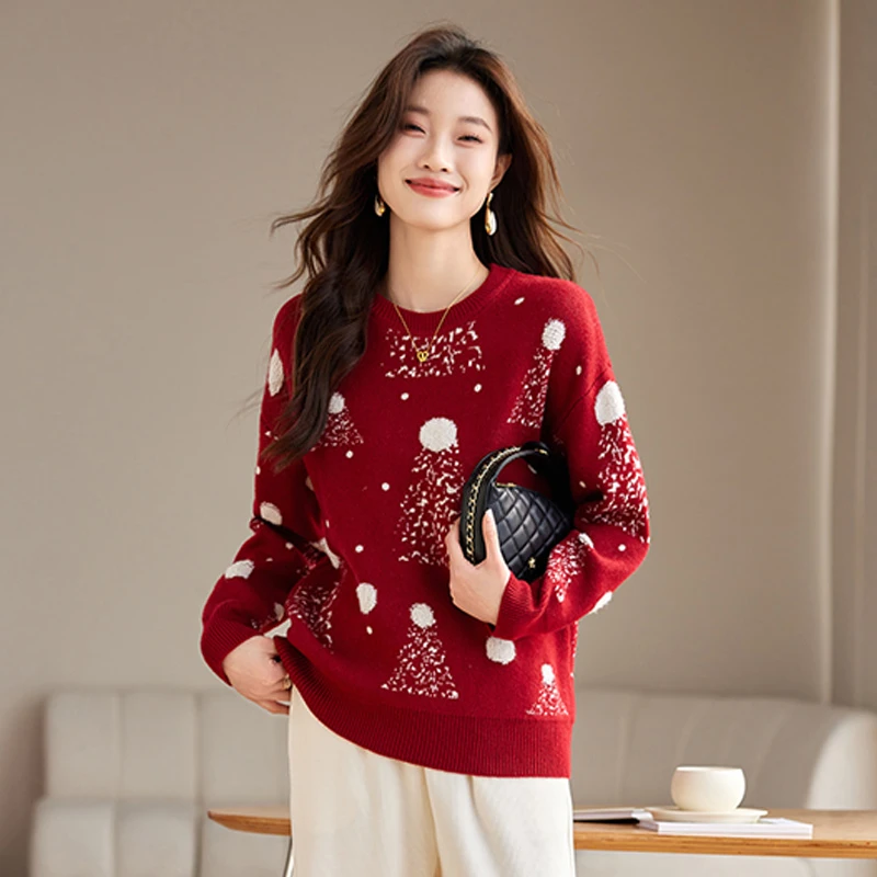 品牌撤柜正品秋冬新款羊毛衫新年氛围感宽松慵懒风撞色提花上衣