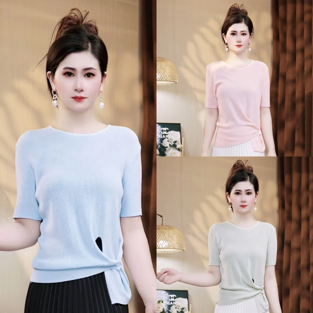 短袖女款爆款2025新款春夏季新款侧开叉不规则短袖针织衫百搭上衣