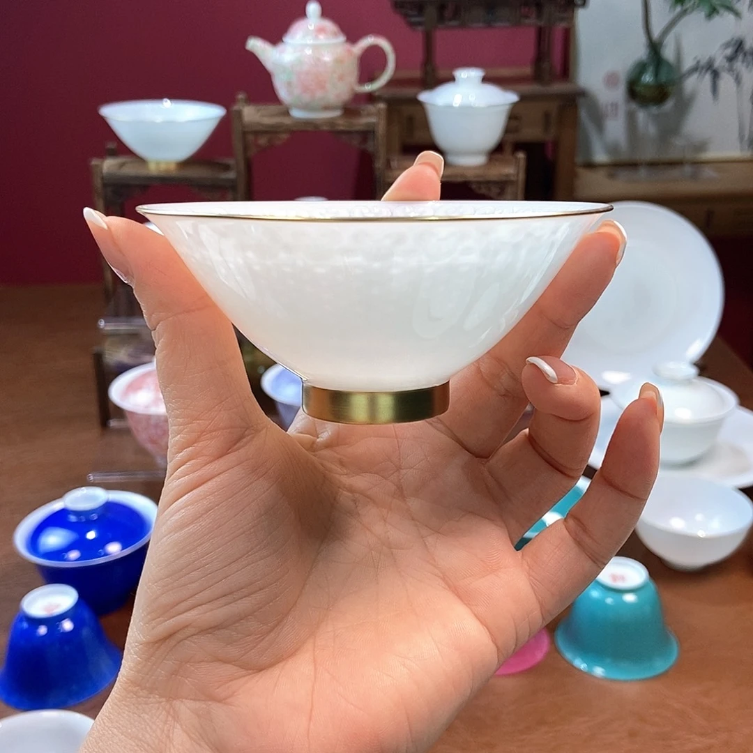 半*脱胎瓷高温手工超薄胎内模印暗刻图案斗笠描金主人杯