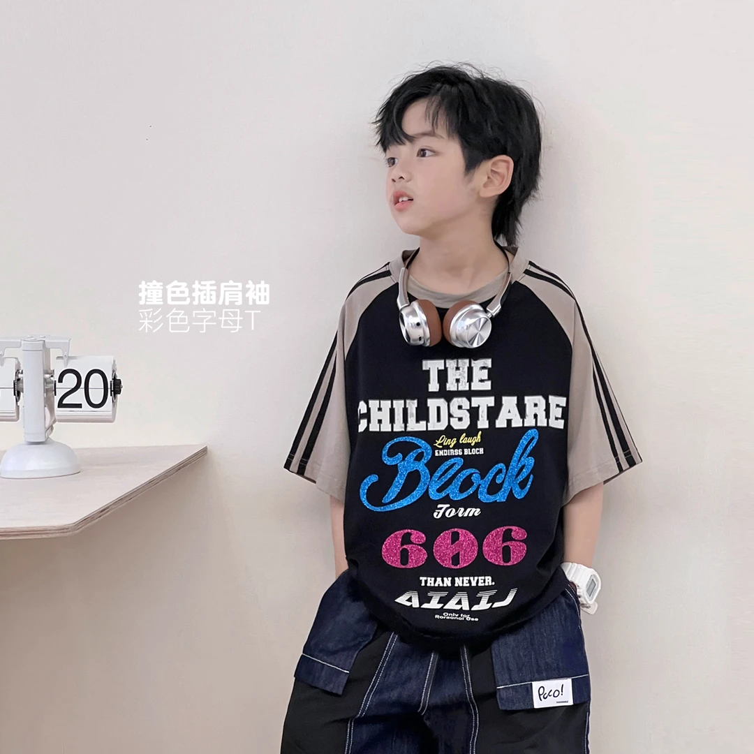 男童夏装儿童休闲t恤黑色潮牌童装潮酷上衣百搭中大童5068240O1