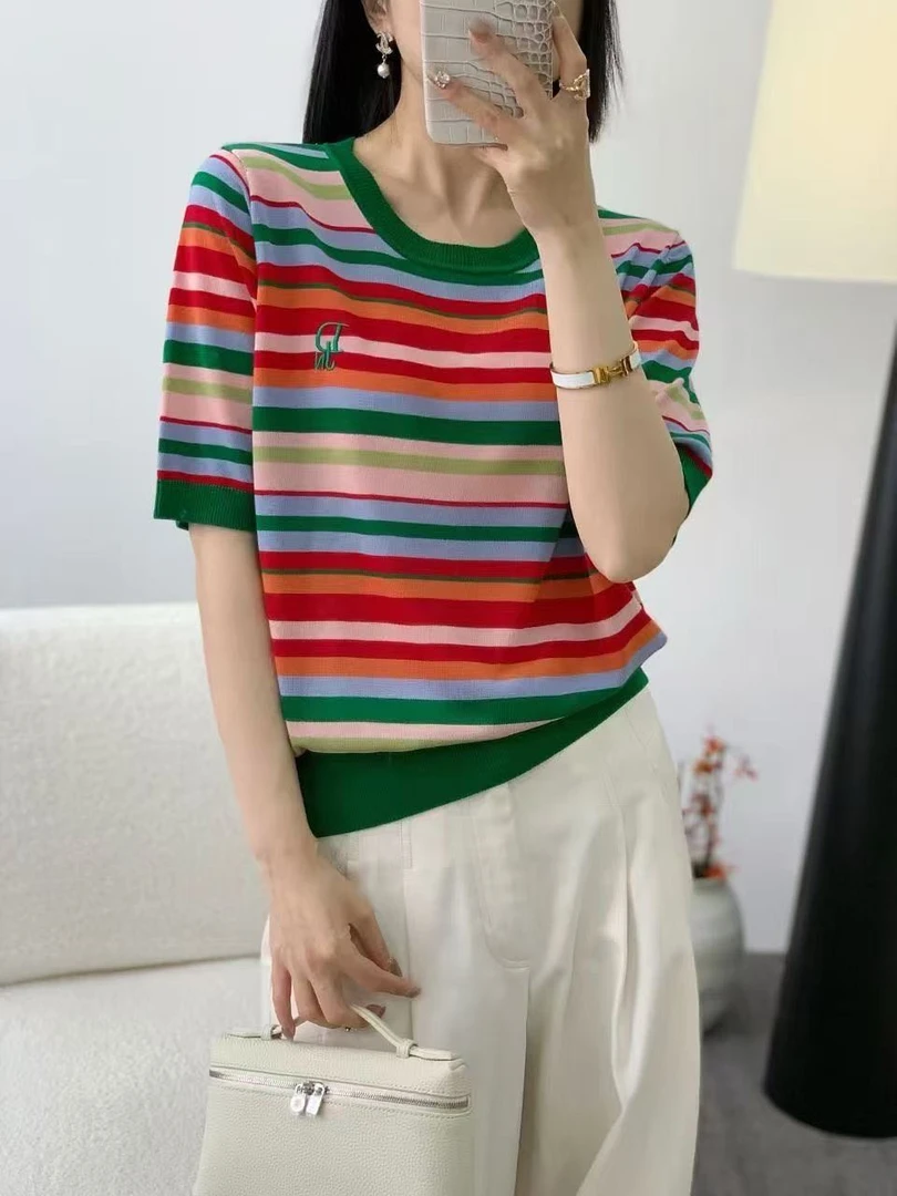 夏季女士针织冰丝彩色条纹T恤女高级感新款短袖女设计感