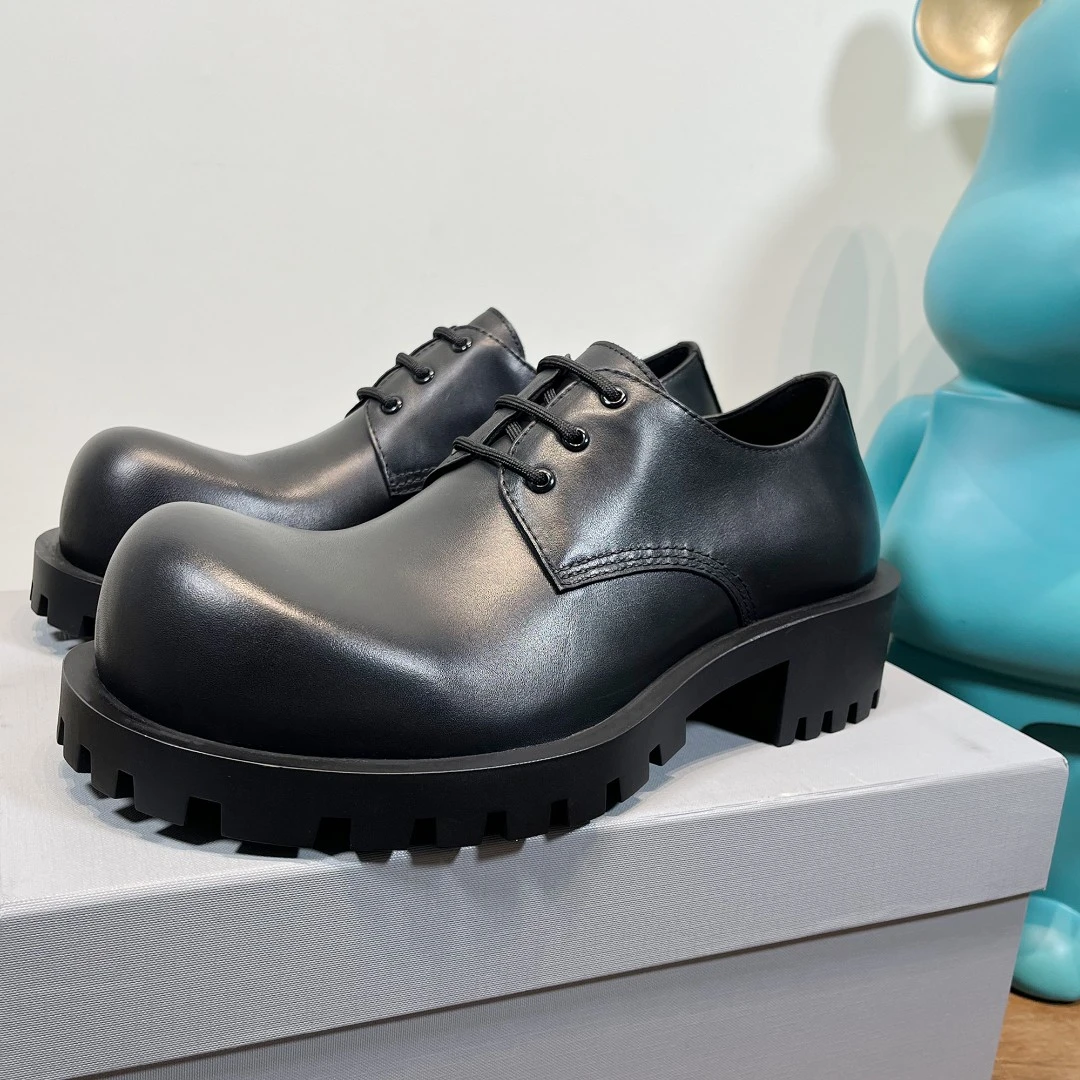 系带版大头鞋~黑色圆头德比鞋厚底增高百搭休闲时尚男士真皮鞋