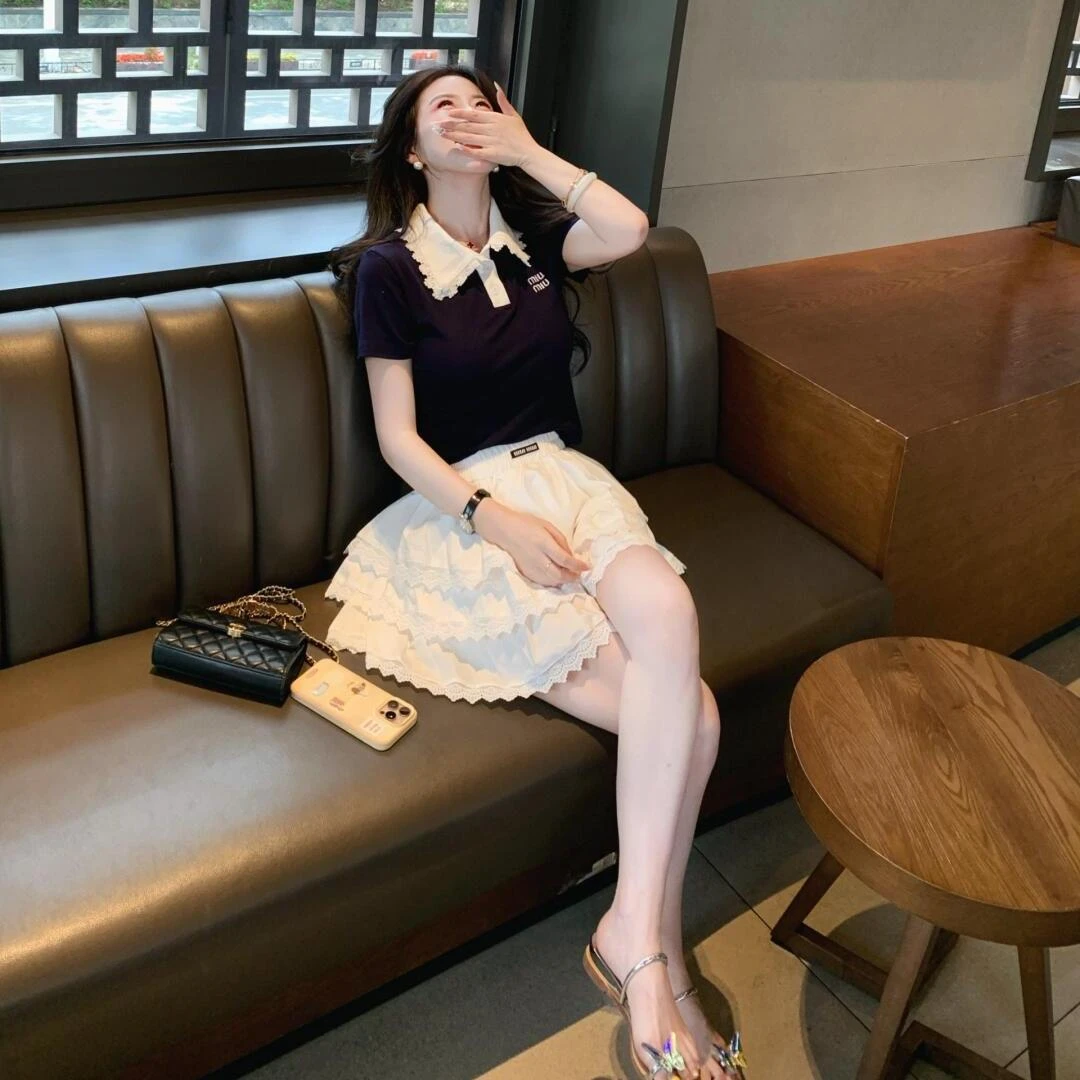 夏季穿搭一整套大码胖mm短袖上衣蕾丝蛋糕半身短裙气质减龄套装女