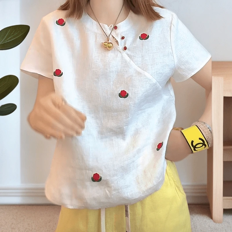 【红花朵亚麻T】2025刺绣花朵亚麻圆领短袖斜襟纽扣显瘦洋气T恤女潮