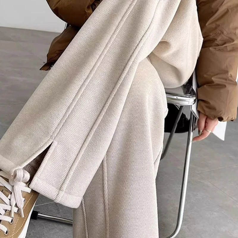 大码胖mm毛呢裤女秋冬季加绒加厚阔腿裤开叉直筒窄版显瘦香蕉裤子