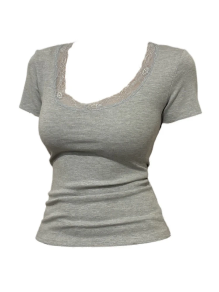 【Amy家】微胖mm纯欲风蕾丝拼接正肩短袖T恤女夏季修身显瘦辣妹上衣