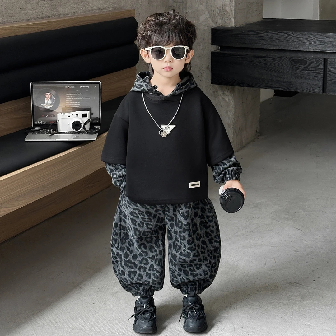 男童秋套装韩版炸街儿童卫衣裤子两件套2025新款帅气豹纹运动服潮