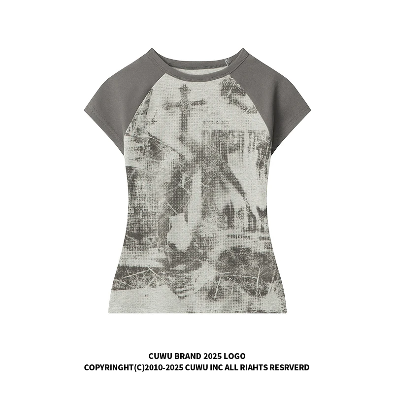 cuwu美式潮牌圆领复古短袖T恤女夏季短款辣妹小个子紧身显瘦上衣