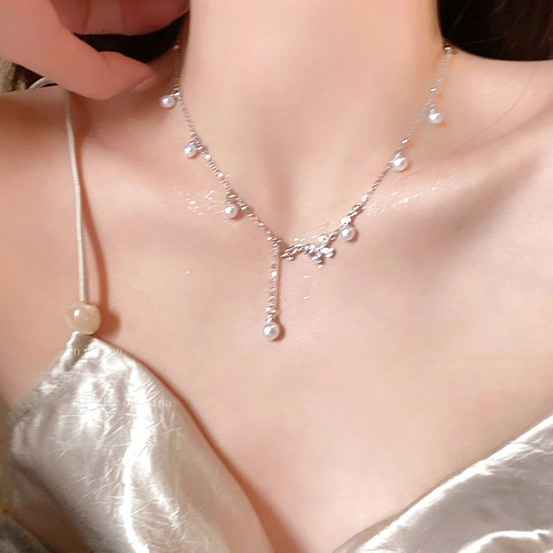 铜合金项链 蝴蝶珍珠镂空流苏锁骨链女超仙甜美项链在逃公主颈链