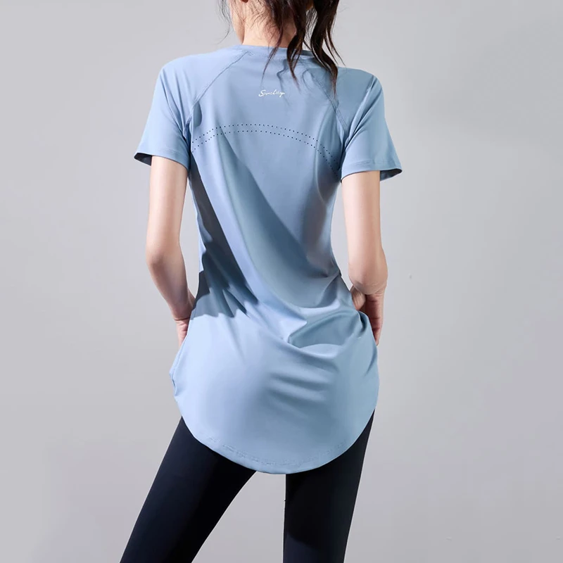 遮屁股显瘦健身瑜伽服上衣 有大码微胖mm小蛮腰遮尴尬线运动T恤女