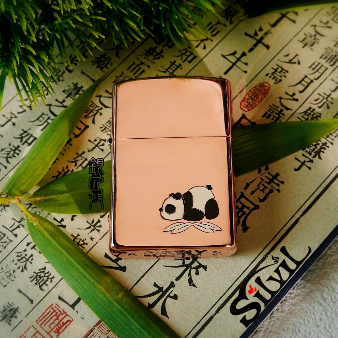 银匠村SILVIL防风煤油打火机《熊猫》紫铜镶嵌裸机简装