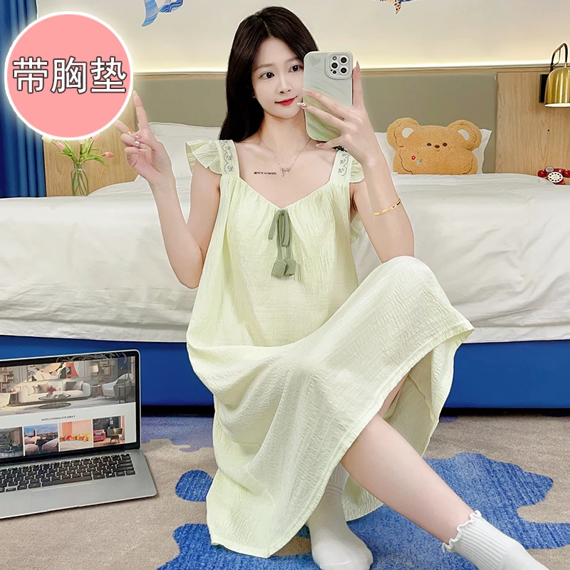 夏天带胸垫睡裙女夏季甜美薄款公主风女士大码宽松孕妇家居服无袖