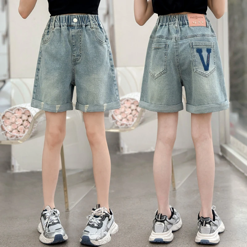 女童牛仔短裤夏装2025新款中大童洋气韩版牛仔中裤五分裤夏季薄款