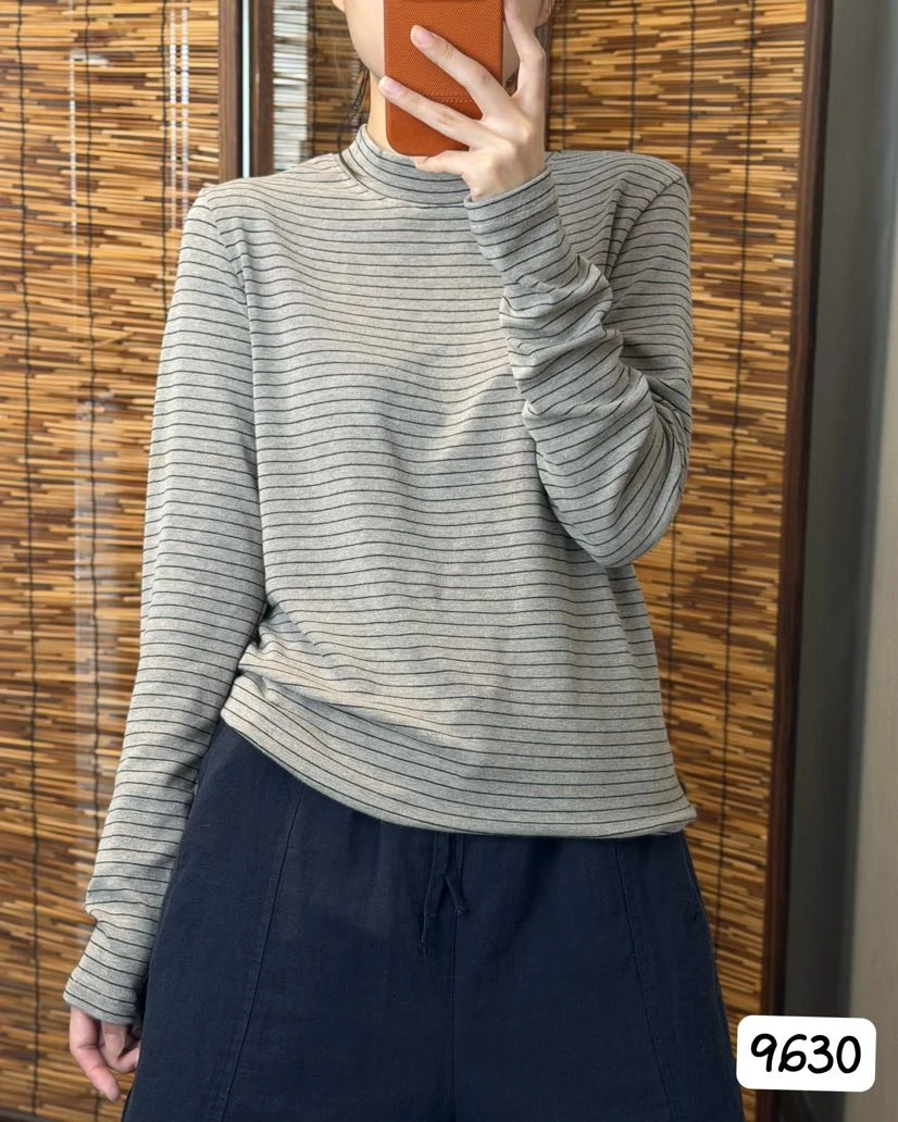 秋冬新款条纹棉打底小立领百搭休闲女时尚