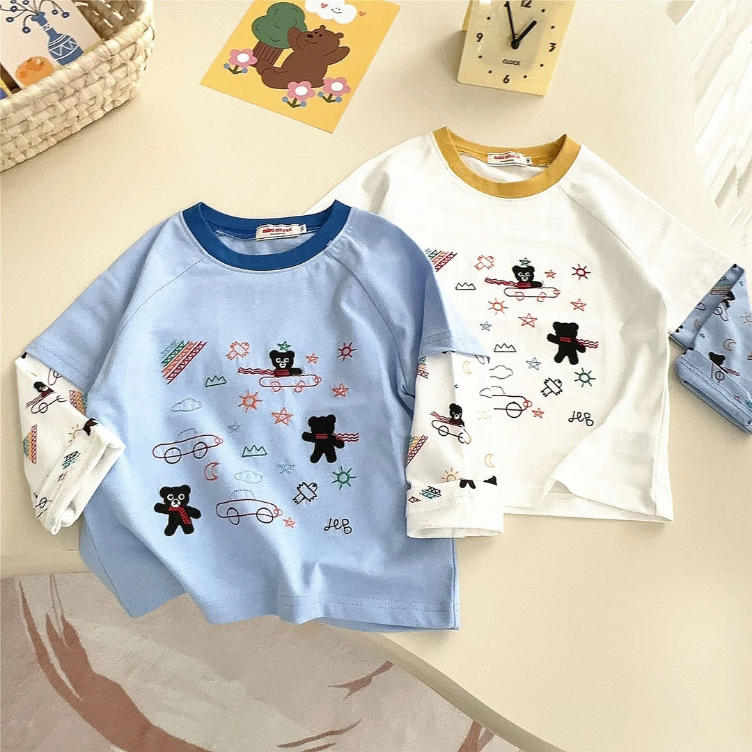 儿童长袖T恤25春新日系男女童宝宝假两件小熊开车上衣长袖T恤