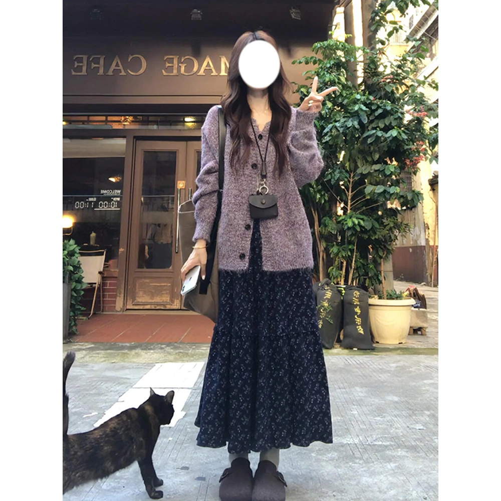 韩版秋冬时尚洋气时髦紫色针织毛衣开衫穿搭女碎花半身裙子两件套
