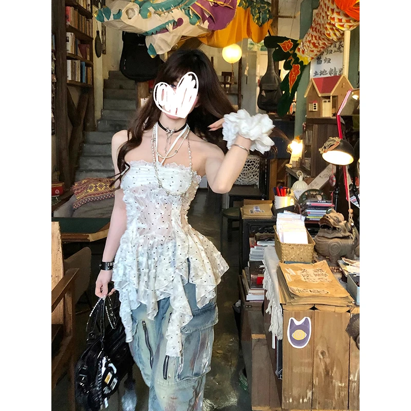 辣妹风显瘦炸街上衣女夏2025新款白色荷叶不规则波点挂脖内搭小衫