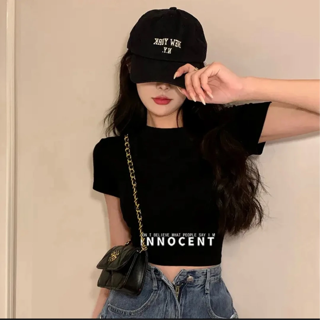 黑色半高领短款短袖t恤女夏季修身露脐小众甜辣风辣妹小个子上衣