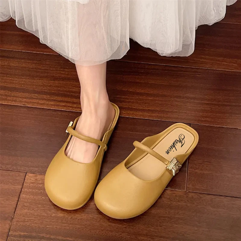 包头拖鞋女外穿2025年夏季新款网红平底懒人一脚蹬防滑软底半拖鞋