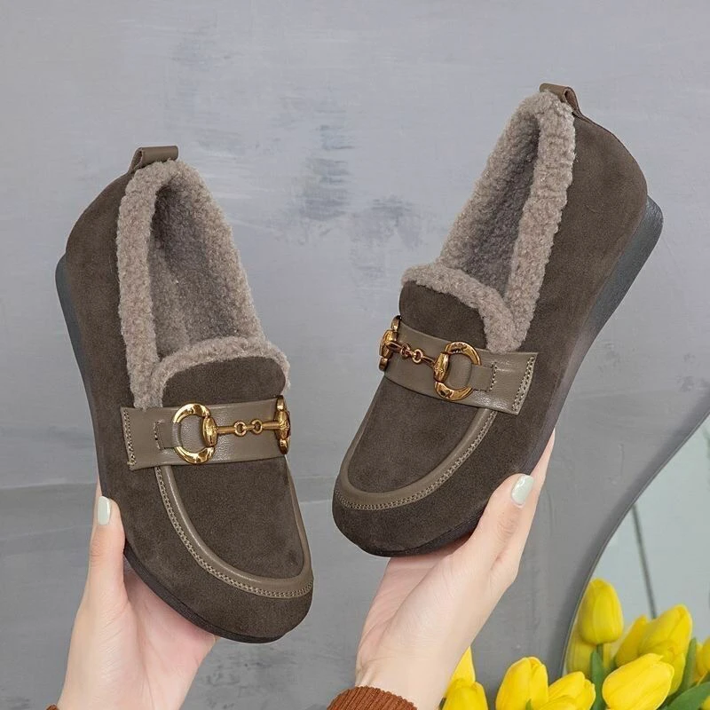 D990牛筋软底加绒豆豆毛毛鞋女平底冬季棉鞋一脚蹬妈妈奶奶鞋