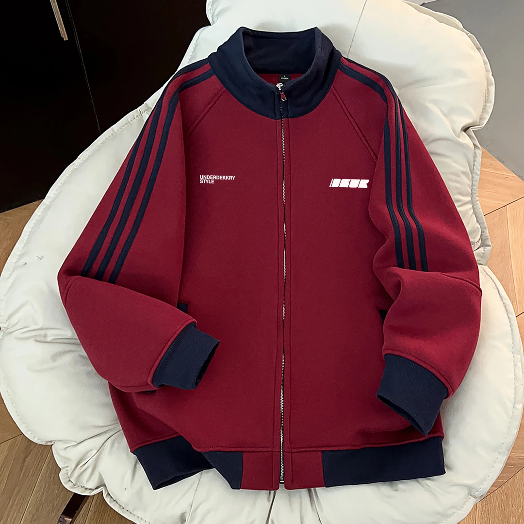 美式简约ins风字母印花休闲三条杠立领拉链外套宽松秋冬情侣卫衣