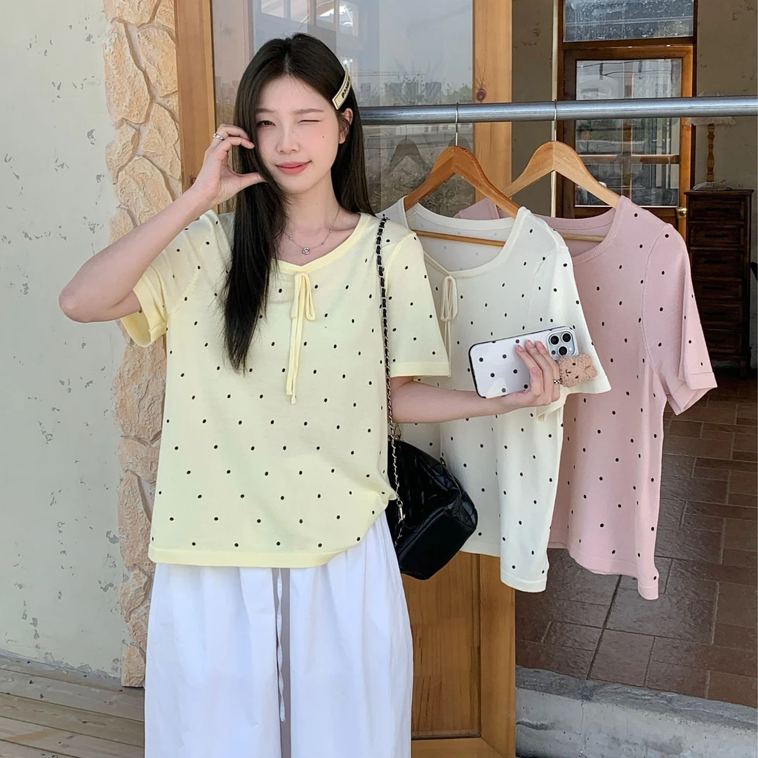 2025夏季新款韩系波点蝴蝶结短袖大码女装显瘦减龄针织衫T恤小众