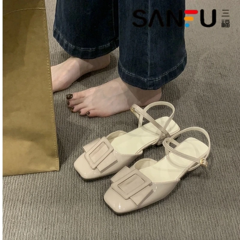 SANFU/三福法式温柔包头凉鞋夏外穿方头低跟浅口晚风蝴蝶结高级感