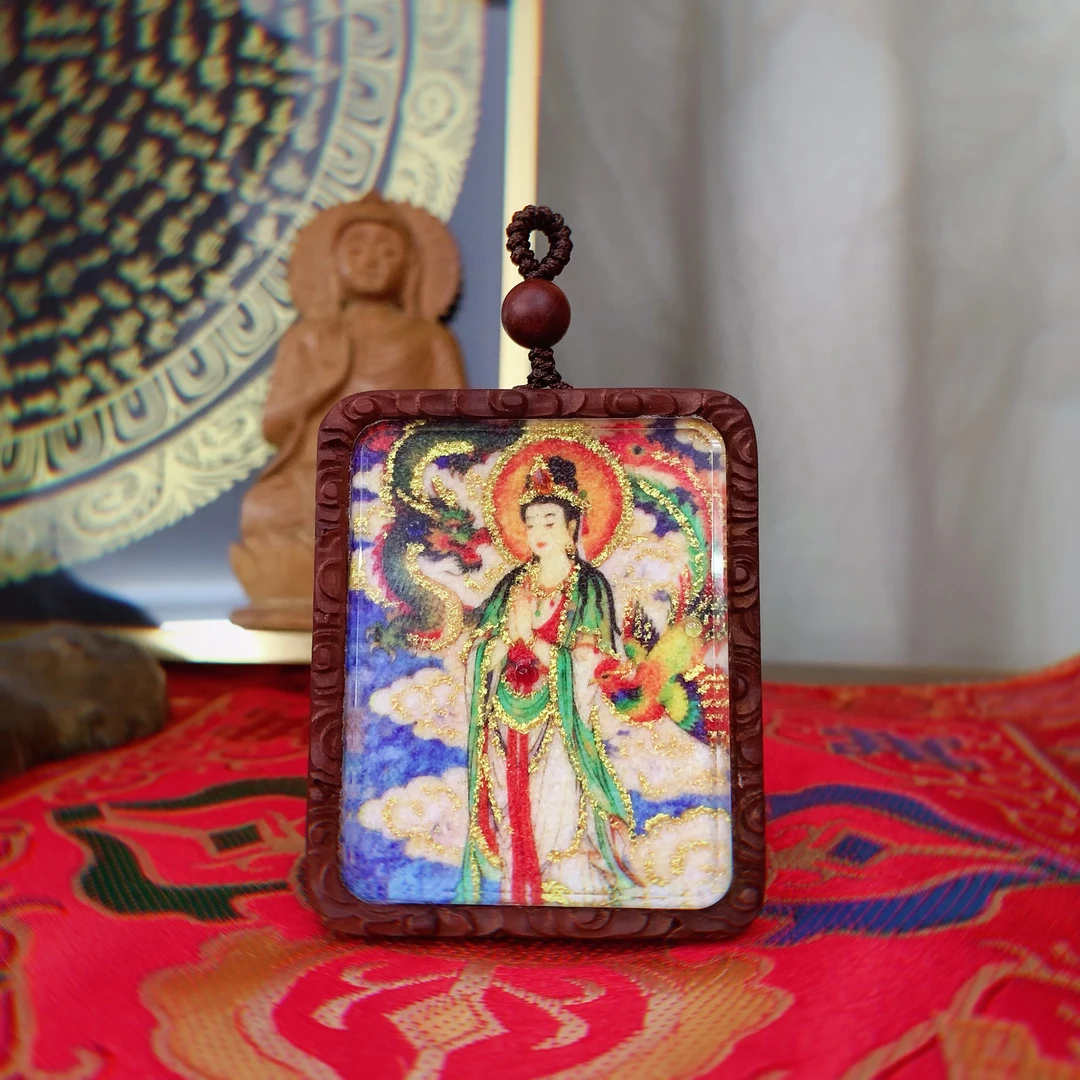 梵吉星龙凤观音 绿财神双面唐卡 雷击木壳  FJXTK