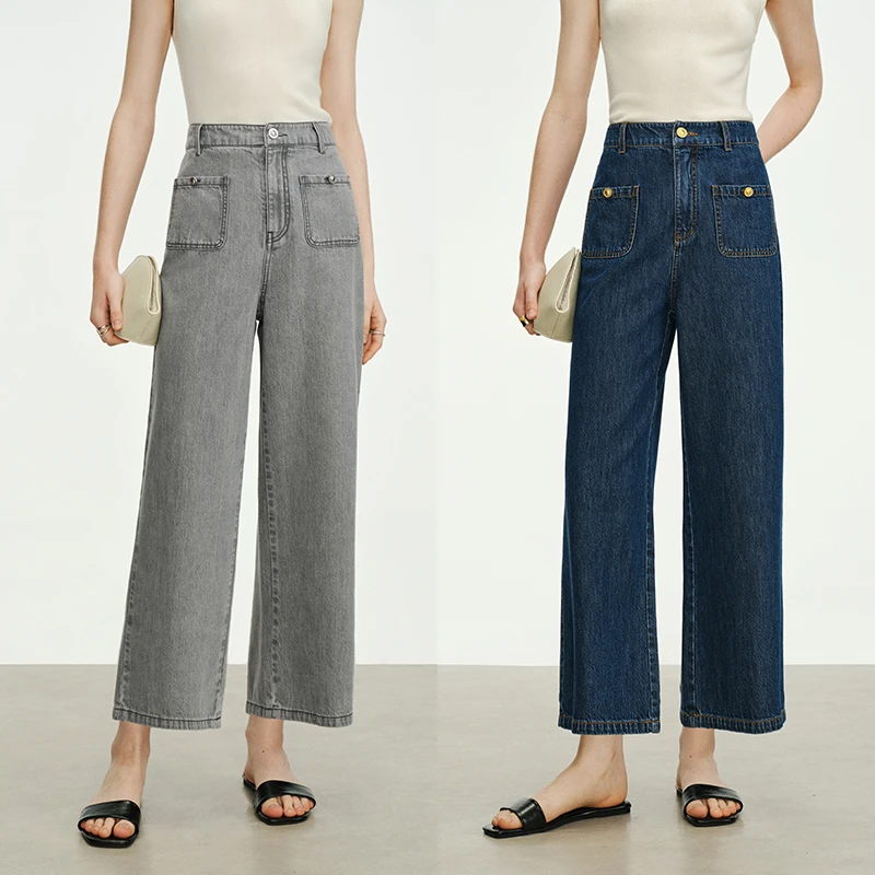 COKEYA/潮流“空气裤”~竹节肌理斜纹长绒棉贴袋九分直筒牛仔裤女