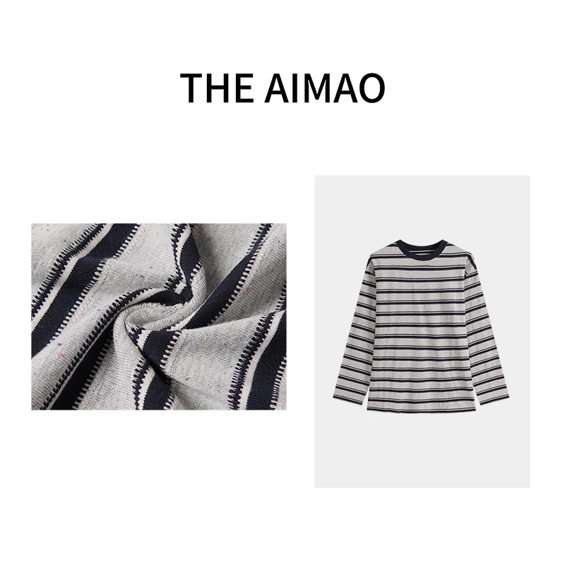 “慵懒氛围25年高支有机棉混纺晕染撞色圆领宽松条纹上衣XYX81719