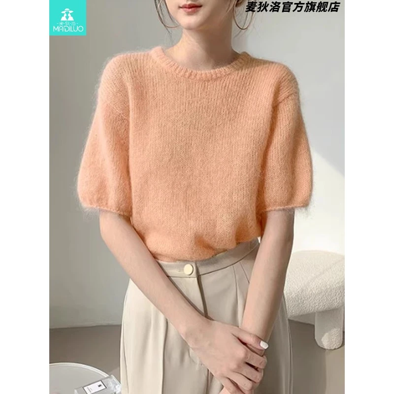 超好看薄款短袖毛衣女春秋季新款小众上衣圆领泡泡袖质量好针织衫
