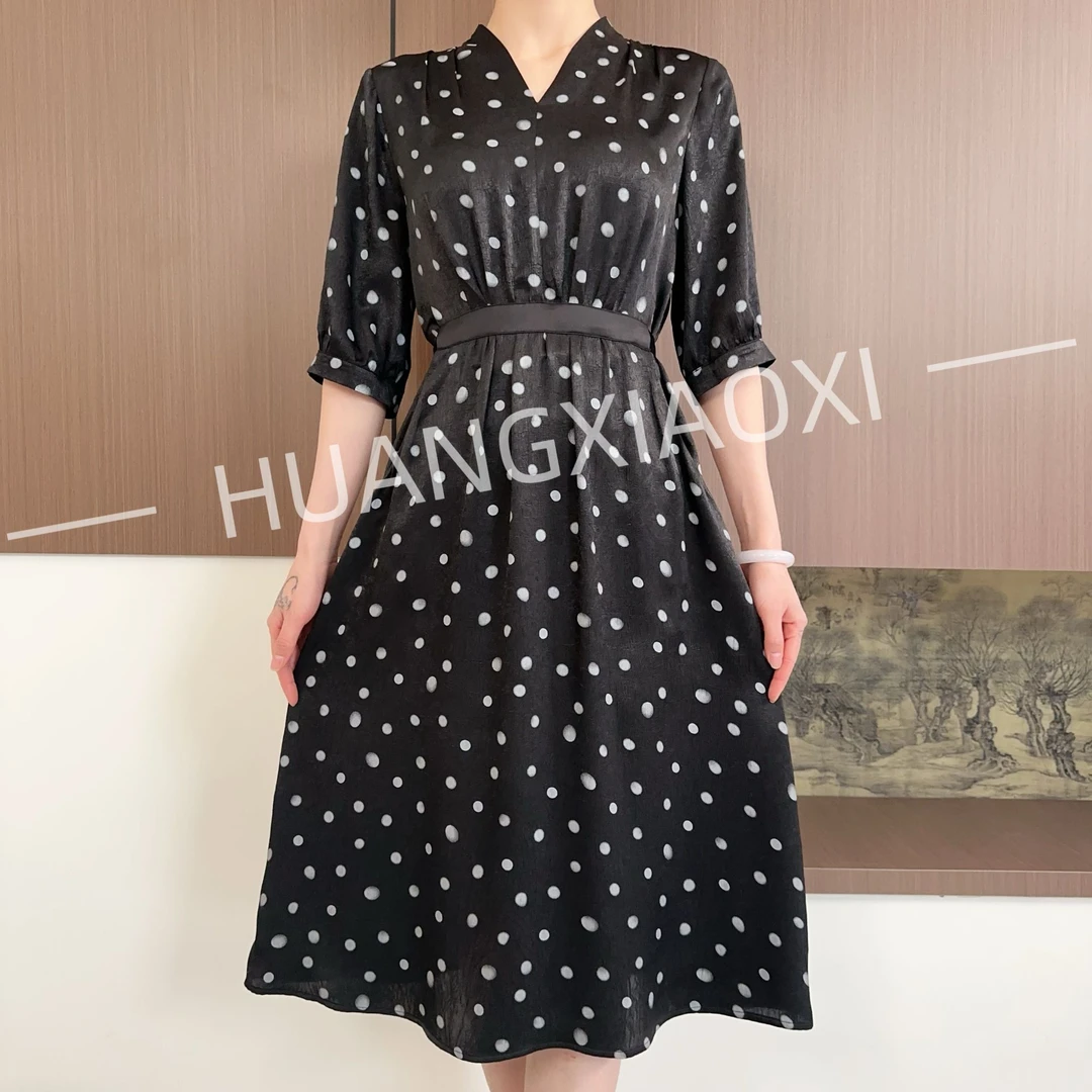 HUANGXIAOXI 精典法式波点裙重工压褶黑色中袖连衣裙 HXX-189
