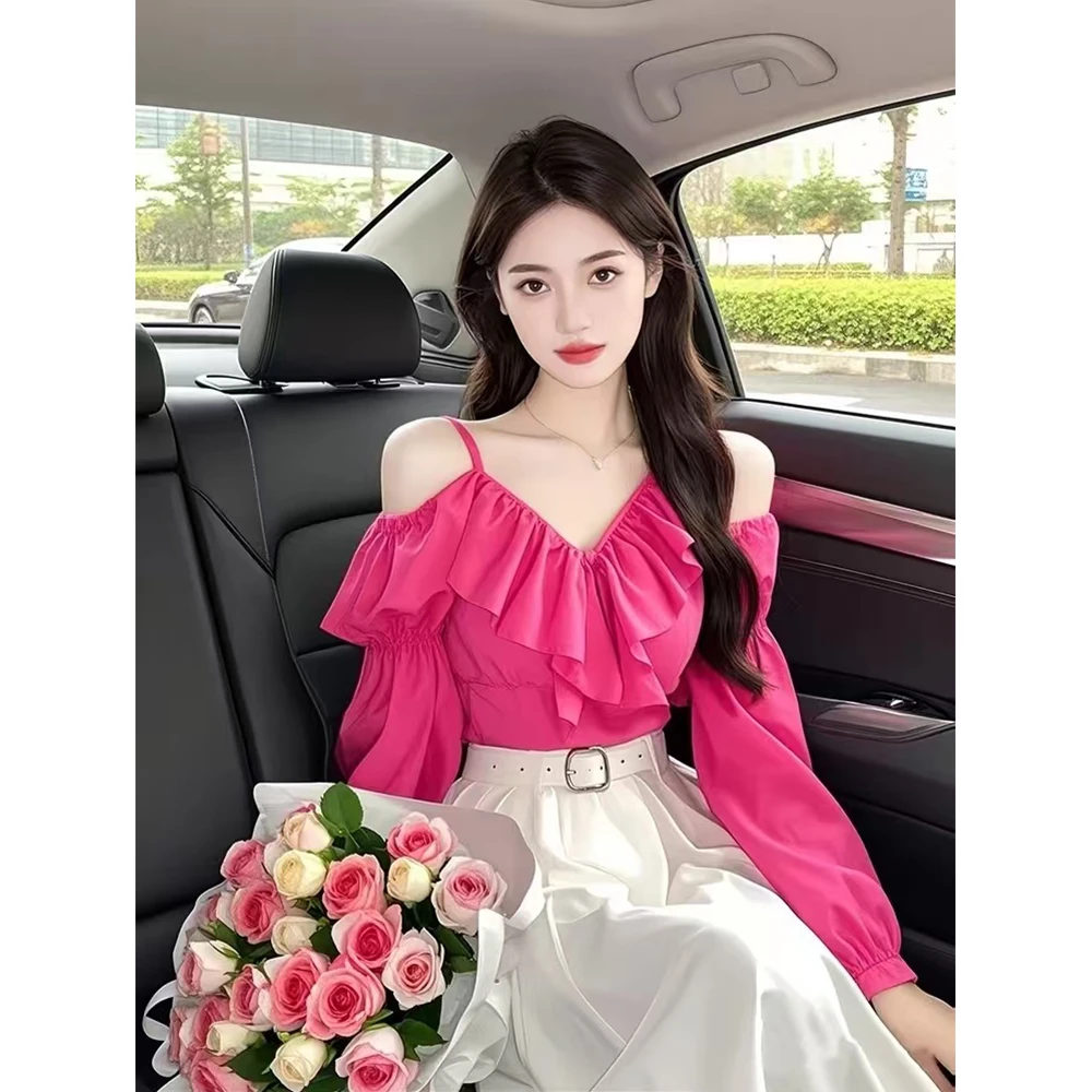 气质高级感玫粉色荷叶边露肩衬衫2025女春季款独特超好看单穿上衣