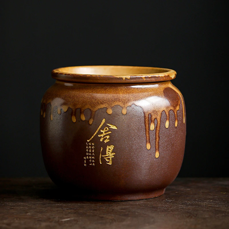 建水家用禅意茶渣缸带盖茶洗日式复古大号水盂茶盂茶渣桶陶瓷