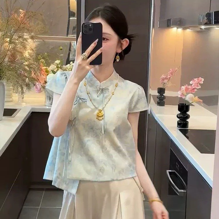 新中式国风复古立领无袖上衣女2025夏季新款气质休闲印花上衣