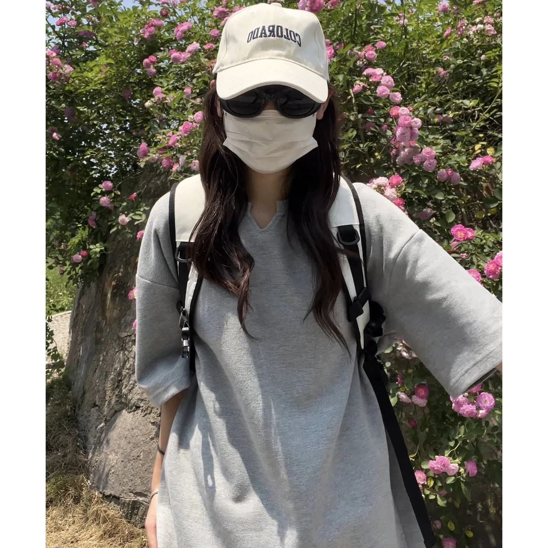 V领短袖t恤男女款美式高街ins复古纯色宽松百搭学生体恤打底上衣