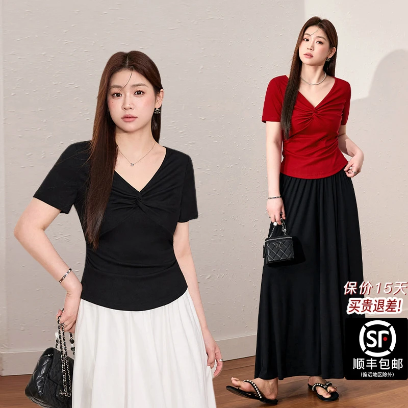 蓝语大码女装气质扭结v领凉感T恤2025夏季巨显瘦遮肉短袖上衣