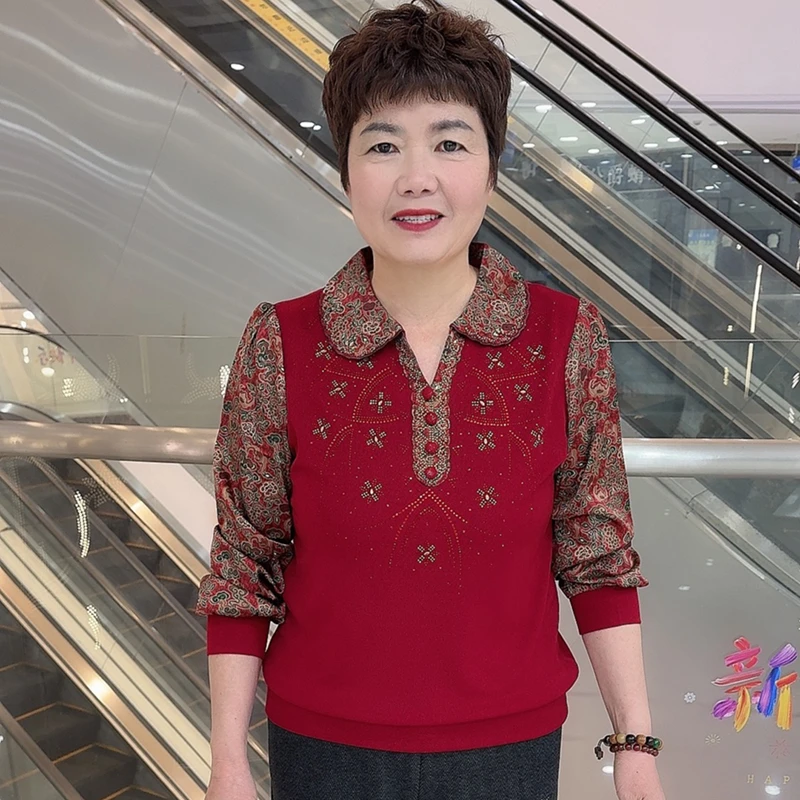 T603 早春中老年洋气妈妈装新中式休闲简约拼接宽松翻领上衣