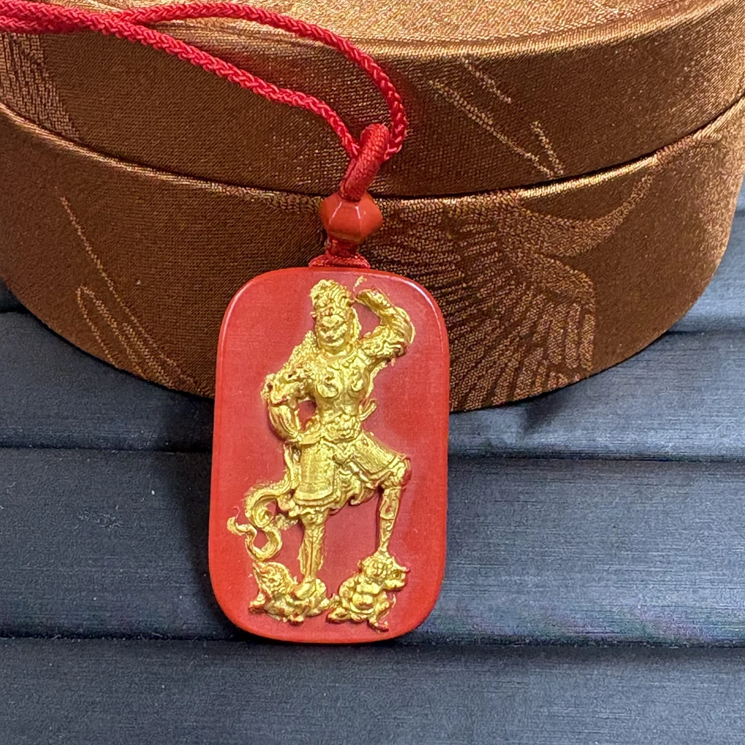 含辰砂工艺品朱砂鎏金天王像吊坠