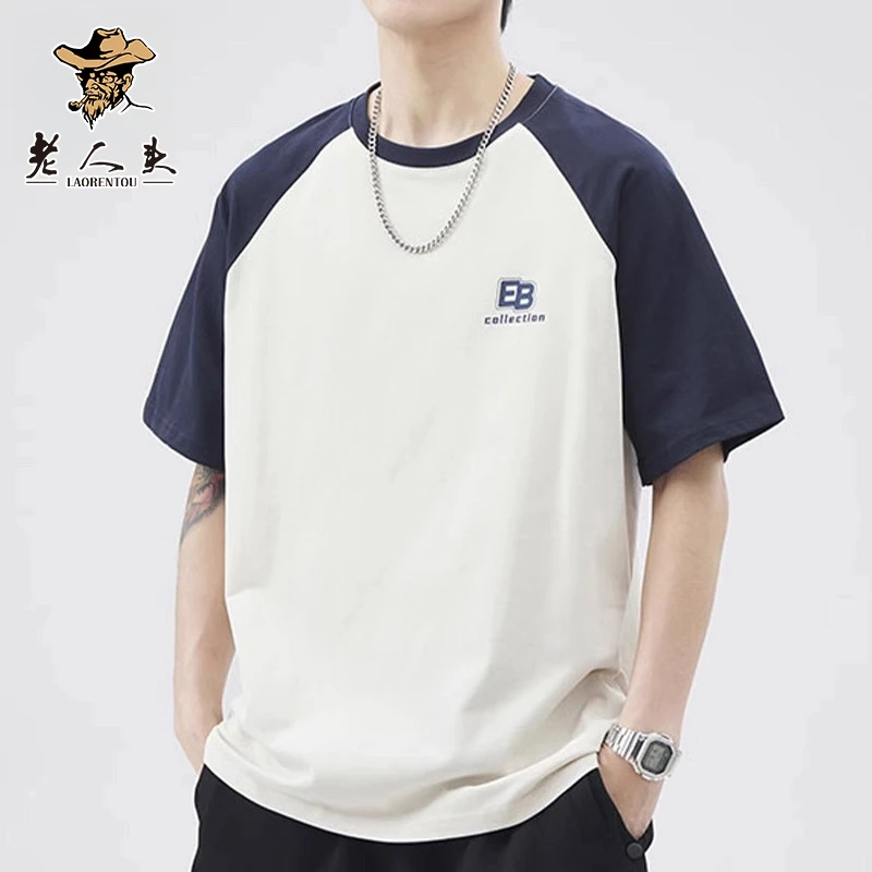 老人头新款潮牌夏季男生重磅T恤衫美式潮流宽松插肩袖短袖T恤衫男