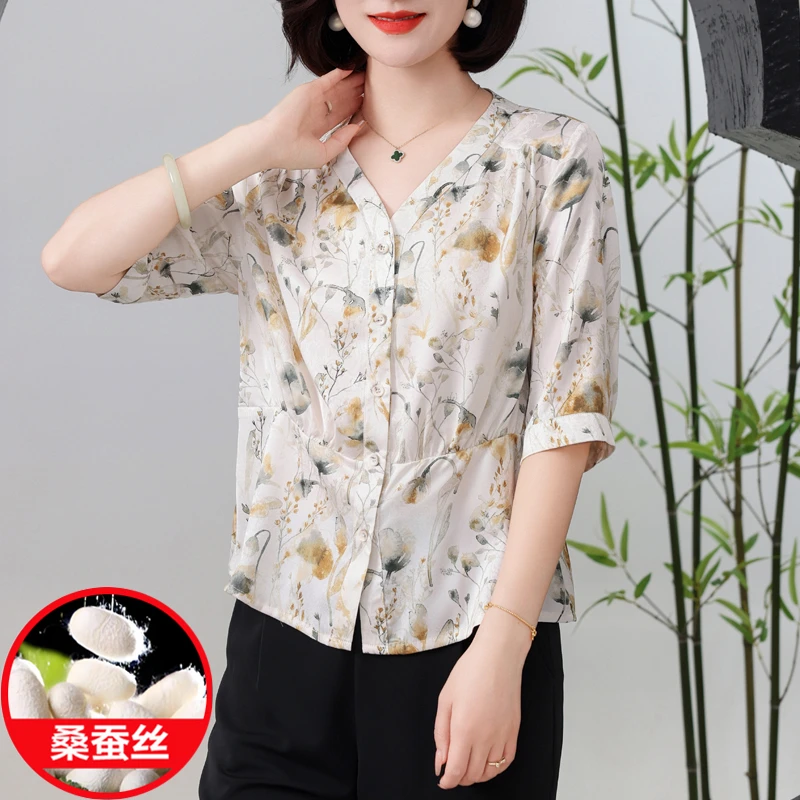 夏季薄款新款印花真丝衬衫女V领杭州桑蚕丝时尚女士休闲宽松衬衣