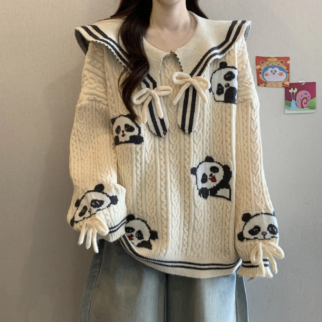大码胖mm学院风甜美海军领卡通套头毛衣女秋冬宽松慵懒针织衫上衣