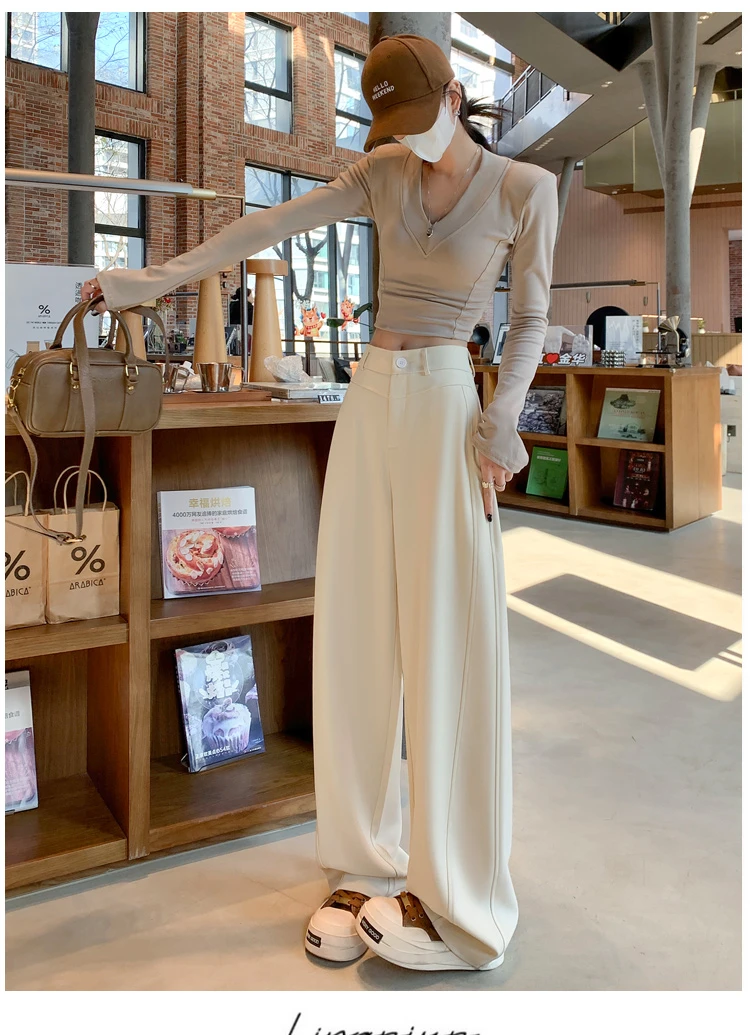 西装弯刀裤女2025夏季新款垂感休闲阔腿裤米白色宽松镰刀裤子高腰