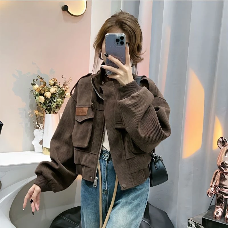 朋克风感小个子短款外套女装新款春秋时尚休闲复古工装夹克上衣