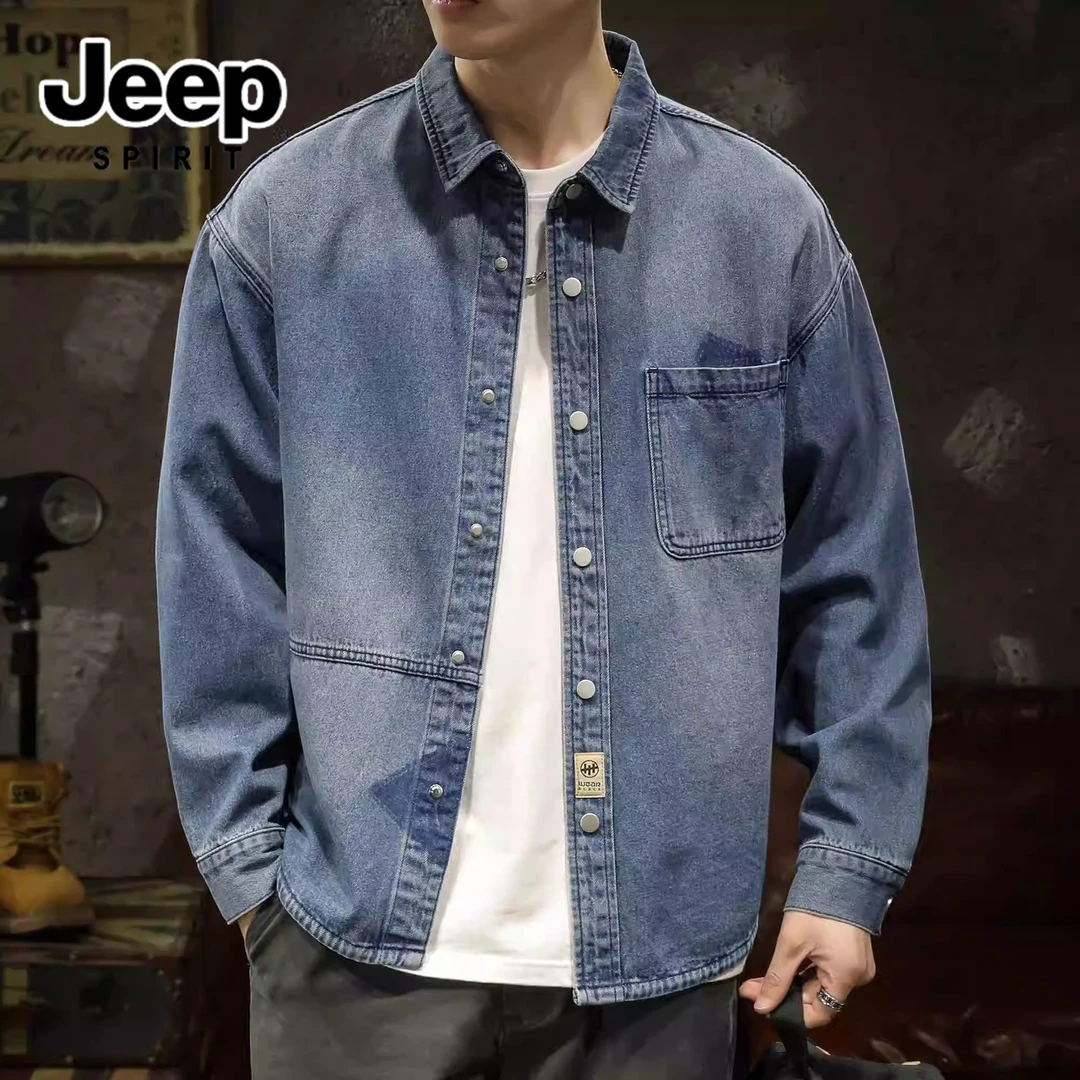 JEEPSPIRIT吉普美式重磅牛仔外套新款春秋季潮流工装夹克宽松衬衫