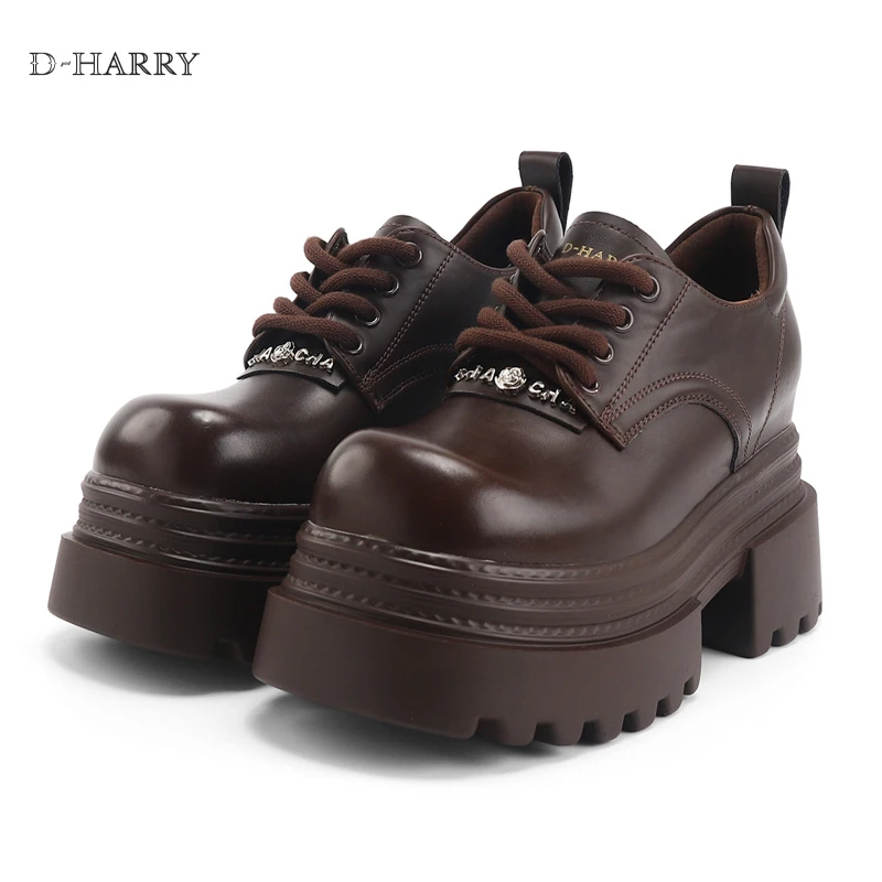 D-HARRY/迪哈利时尚休闲百搭真皮厚底英伦风圆头系带春秋复古女鞋